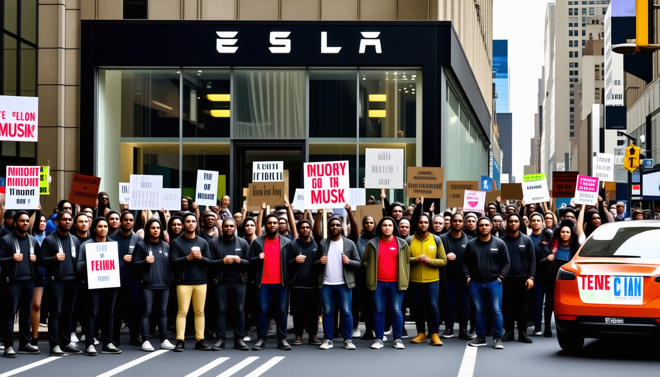 découvrez comment des manifestants à new york expriment leur mécontentement et appellent à l'éviction d'elon musk devant un magasin tesla. une mobilisation qui souligne les tensions entourant la célèbre entreprise automobile et son dirigeant.